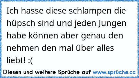 Ich hasse diese schlampen die hüpsch sind und jeden Jungen habe können aber genau den nehmen den mal über alles liebt! :(