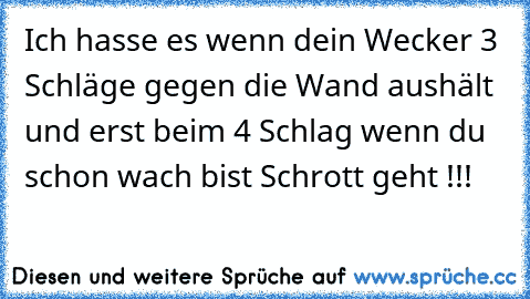 Ich hasse es wenn dein Wecker 3 Schläge gegen die Wand aushält und erst beim 4 Schlag wenn du schon wach bist Schrott geht !!!