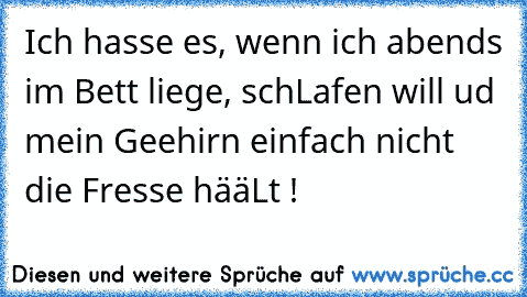 Ich hasse es, wenn ich abends im Bett liege, schLafen will ud mein Geehirn einfach nicht die Fresse hääLt !