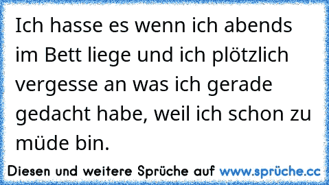 Ich hasse es wenn ich abends im Bett liege und ich plötzlich vergesse an was ich gerade gedacht habe, weil ich schon zu müde bin…°.°