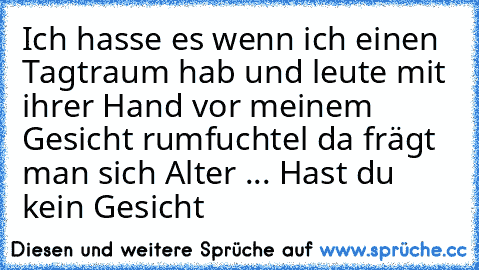 Ich hasse es wenn ich einen Tagtraum hab und leute mit ihrer Hand vor meinem Gesicht rumfuchtel da frägt man sich Alter ... Hast du kein Gesicht