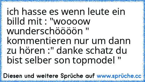 ich hasse es wenn leute ein billd mit : "woooow wunderschöööön " kommentieren nur um dann zu hören :" danke schatz du bist selber son topmodel "