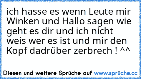 ich hasse es wenn Leute mir Winken und Hallo sagen wie geht es dir und ich nicht weis wer es ist und mir den Kopf dadrüber zerbrech ! ^^