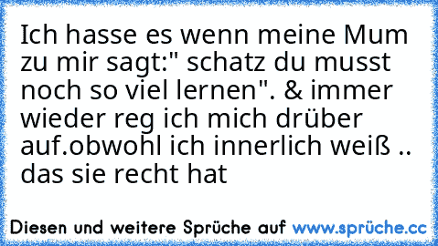 Ich hasse es wenn meine Mum zu mir sagt:" schatz du musst noch so viel lernen". & immer wieder reg ich mich drüber auf.
obwohl ich innerlich weiß .. das sie recht hat