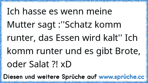 Ich hasse es wenn meine Mutter sagt :''Schatz komm runter, das Essen wird kalt'' Ich komm runter und es gibt Brote, oder Salat ?! xD