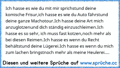 Ich hasse es wie du mit mir sprichst
und deine komische Frisur,
ich hasse es wie du Auto fährst
und deine ganze Machotour.
Ich hasse deine Art mich anzuglotzen
und dich ständig einzuschleimen.
Ich hasse es so sehr, ich muss fast kotzen,
noch mehr als bei diesen Reimen.
Ich hasse es wenn du Recht behältst
und deine Lügerei.
Ich hasse es wenn du mich zum lachen bringst
noch mehr als meine Heulere...