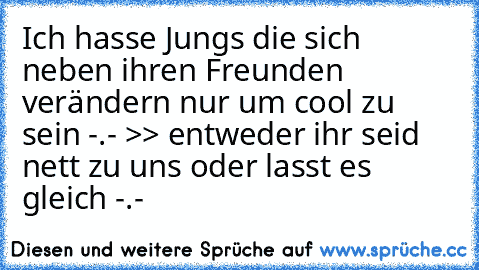 Ich hasse Jungs die sich neben ihren Freunden verändern nur um cool zu sein -.- >> entweder ihr seid nett zu uns oder lasst es gleich -.- ♥