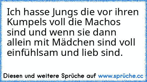 Ich hasse Jungs die vor ihren Kumpels voll die Machos sind und wenn sie dann allein mit Mädchen sind voll einfühlsam und lieb sind.