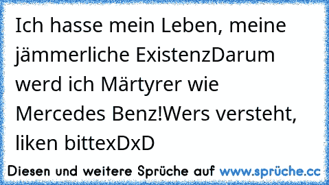 Ich hasse mein Leben, meine jämmerliche Existenz
Darum werd ich Märtyrer wie Mercedes Benz!
Wers versteht, liken bittexDxD