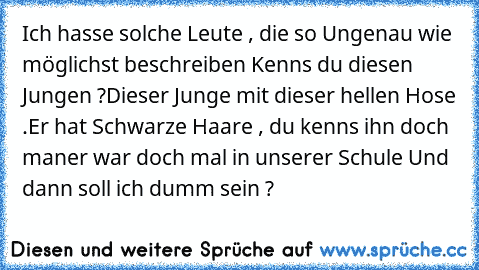 Ich hasse solche Leute , die so Ungenau wie möglichst beschreiben 
Kenns du diesen Jungen ?
Dieser Junge mit dieser hellen Hose .
Er hat Schwarze Haare , du kenns ihn doch man
er war doch mal in unserer Schule 
Und dann soll ich dumm sein ?