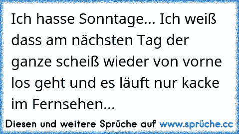 Ich hasse Sonntage... Ich weiß dass am nächsten Tag der ganze scheiß wieder von vorne los geht und es läuft nur kacke im Fernsehen...