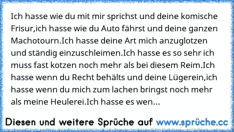 Ich hasse wie du mit mir sprichst und deine komische Frisur,
ich hasse wie du Auto fährst und deine ganzen Machotourn.
Ich hasse deine Art mich anzuglotzen und ständig einzuschleimen.
Ich hasse es so sehr ich muss fast kotzen noch mehr als bei diesem Reim.
Ich hasse wenn du Recht behälts und deine Lügerein,
ich hasse wenn du mich zum lachen bringst noch mehr als meine Heulerei.
Ich hasse es wen...