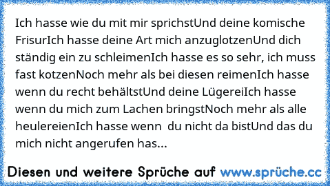 Ich hasse wie du mit mir sprichst
Und deine komische Frisur
Ich hasse deine Art mich anzuglotzen
Und dich ständig ein zu schleimen
Ich hasse es so sehr, ich muss fast kotzen
Noch mehr als bei diesen reimen
Ich hasse wenn du recht behältst
Und deine Lügerei
Ich hasse wenn du mich zum Lachen bringst
Noch mehr als alle heulereien
Ich hasse wenn  du nicht da bist
Und das du mich nicht angerufen has...