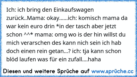 Ich: ich bring den Einkaufswagen zurück..Mama: okay......ich: komisch mama da war kein euro drin *in der tasch aber jetzt schon ^^* mama: omg wo is der hin willst du mich verarschen des kann nich sein ich hab doch einen rein getan...? ich: tja kann schon blöd laufen was für ein zufall....haha