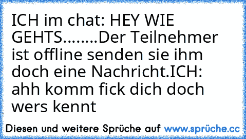 ICH im chat: HEY WIE GEHTS
....
....
Der Teilnehmer ist offline senden sie ihm doch eine Nachricht.
ICH: ahh komm fick dich doch 
wers kennt