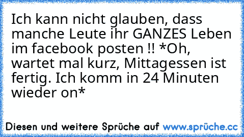 Ich kann nicht glauben, dass manche Leute ihr GANZES Leben im facebook posten !! *Oh, wartet mal kurz, Mittagessen ist fertig. Ich komm in 24 Minuten wieder on*