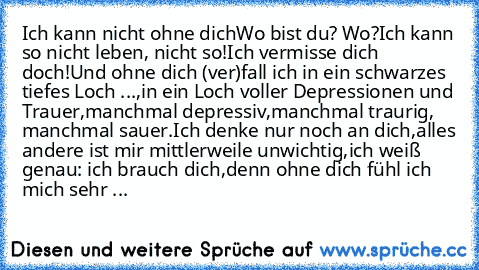 Ich kann nicht ohne dich
Wo bist du? Wo?
Ich kann so nicht leben, nicht so!
Ich vermisse dich doch!
Und ohne dich (ver)fall ich in ein schwarzes tiefes Loch ...,
in ein Loch voller Depressionen und Trauer,
manchmal depressiv,
manchmal traurig, manchmal sauer.
Ich denke nur noch an dich,
alles andere ist mir mittlerweile unwichtig,
ich weiß genau: ich brauch dich,
denn ohne dich fühl ich mich sehr ...