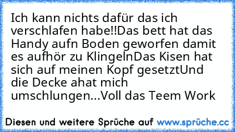 Ich kann nichts dafür das ich verschlafen habe!!
Das bett hat das Handy aufn Boden geworfen damit es aufhör zu Klingeln
Das Kisen hat sich auf meinen Kopf gesetzt
Und die Decke a´hat mich umschlungen...
Voll das Teem Work