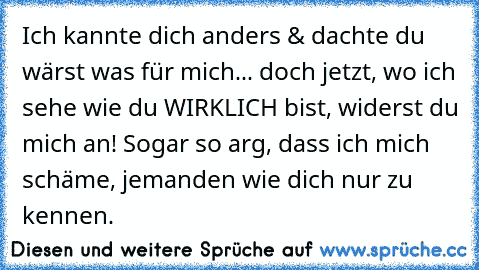 Ich kannte dich anders & dachte du wärst was für mich... doch jetzt, wo ich sehe wie du WIRKLICH bist, widerst du mich an! Sogar so arg, dass ich mich schäme, jemanden wie dich nur zu kennen.