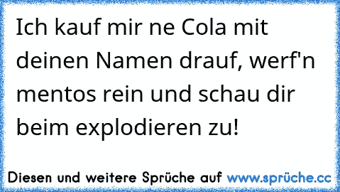 Ich kauf mir ne Cola mit deinen Namen drauf, werf'n mentos rein und schau dir beim explodieren zu!