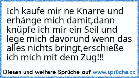 Ich kaufe mir ne Knarre und erhänge mich damit,
dann knüpfe ich mir ein Seil und lege mich davor
und wenn das alles nichts bringt,erschieße ich mich mit dem Zug!!!