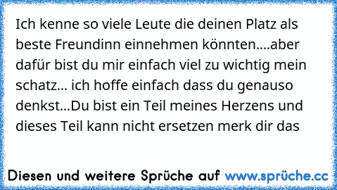 Ich kenne so viele Leute die deinen Platz als beste Freundinn einnehmen könnten....aber dafür bist du mir einfach viel zu wichtig mein schatz... ich hoffe einfach dass du genauso denkst...Du bist ein Teil meines Herzens und dieses Teil kann nicht ersetzen merk dir das 