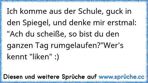 Ich komme aus der Schule, guck in den Spiegel, und denke mir erstmal: "Ach du scheiße, so bist du den ganzen Tag rumgelaufen?"
Wer's kennt "liken" :)