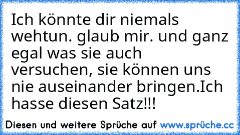 Ich könnte dir niemals wehtun. glaub mir. und ganz egal was sie auch versuchen, sie können uns nie auseinander bringen.
Ich hasse diesen Satz!!!