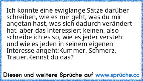 Ich könnte eine ewiglange Sätze darüber schreiben, wie es mir geht, was du mir angetan hast, was sich dadurch verändert hat, aber das interessiert keinen, also schreibe ich es so, wie es jeder versteht und wie es jeden in seinem eigenen Interesse angeht:
Kummer, Schmerz, Trauer.
Kennst du das?