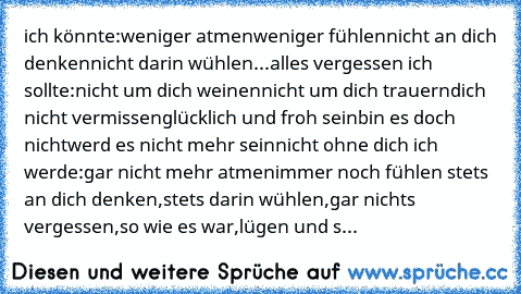 ich könnte:
weniger atmen
weniger fühlen
nicht an dich denken
nicht darin wühlen
...alles vergessen 
ich sollte:
nicht um dich weinen
nicht um dich trauern
dich nicht vermissen
glücklich und froh sein
bin es doch nicht
werd es nicht mehr sein
nicht ohne dich 
ich werde:
gar nicht mehr atmen
immer noch fühlen stets an dich denken,
stets darin wühlen,
gar nichts vergessen,
so wie es war,
lügen un...