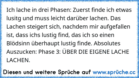 Ich lache in drei Phasen: Zuerst finde ich etwas lusitg und muss leicht darüber lachen. Das Lachen steigert sich, nachdem mir aufgefallen ist, dass ichs lustig find, das ich so einen Blödsinn überhaupt lustig finde. Absolutes Auszucken: Phase 3: ÜBER DIE EIGENE LACHE LACHEN.