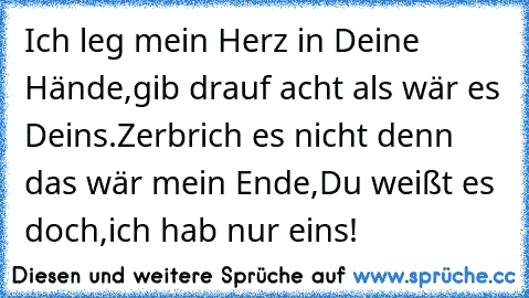 Ich leg mein Herz in Deine Hände,
gib drauf acht als wär es Deins.
Zerbrich es nicht denn das wär mein Ende,
Du weißt es doch,
ich hab nur eins!
♥