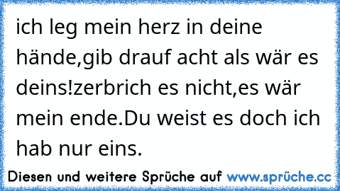 ich leg mein herz in deine hände,gib drauf acht als wär es deins!zerbrich es nicht,es wär mein ende.Du weist es doch ich hab nur eins.