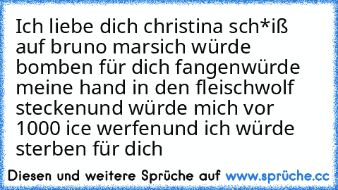 Ich liebe dich christina sch*iß auf bruno mars
ich würde bomben für dich fangen
würde meine hand in den fleischwolf stecken
und würde mich vor 1000 ice werfen
und ich würde sterben für dich