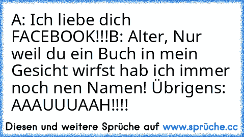 A: Ich liebe dich FACEBOOK!!!
B: Alter, Nur weil du ein Buch in mein Gesicht wirfst hab ich immer noch nen Namen! Übrigens: AAAUUUAAH!!!!