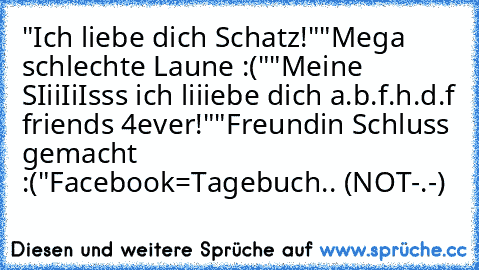 "Ich liebe dich Schatz!"
"Mega schlechte Laune :("
"Meine SIiiIiIsss ich liiiebe dich a.b.f.h.d.f friends 4ever!"
"Freundin Schluss gemacht :("
Facebook=Tagebuch.. (NOT-.-)