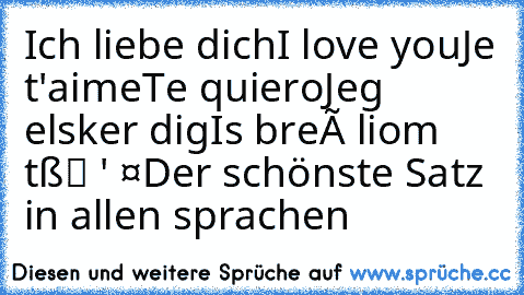 Ich liebe dich
I love you
Je t'aime
Te quiero
Jeg elsker dig
Is breá liom tú
我爱你
私はあなたを愛して
σ 'αγαπώ
ನಾನು ಪ್ರೀತಿ
Der schönste Satz in allen sprachen ♥