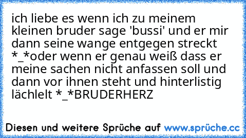 ich liebe es wenn ich zu meinem kleinen bruder sage 'bussi' und er mir dann seine wange entgegen streckt *_*
oder wenn er genau weiß dass er meine sachen nicht anfassen soll und dann vor ihnen steht und hinterlistig lächlelt *_*
BRUDERHERZ ♥