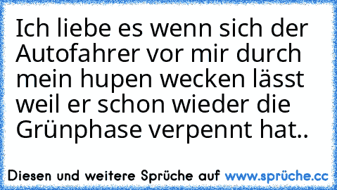 Ich liebe es wenn sich der Autofahrer vor mir durch mein hupen wecken lässt weil er schon wieder die Grünphase verpennt hat..