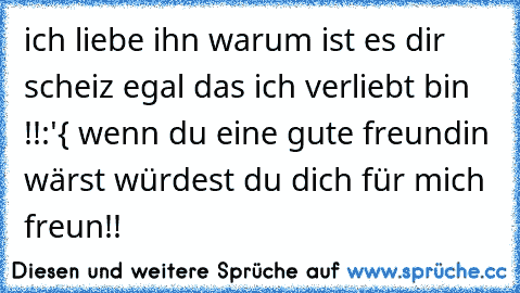 ich liebe ihn warum ist es dir scheiz egal das ich verliebt bin !!:'{ wenn du eine gute freundin wärst würdest du dich für mich freun!!