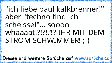 "ich liebe paul kalkbrenner!" aber "techno find ich scheisse!"... soooo whaaaat!?!?!?!? IHR MIT DEM STROM SCHWIMMER! ;-)