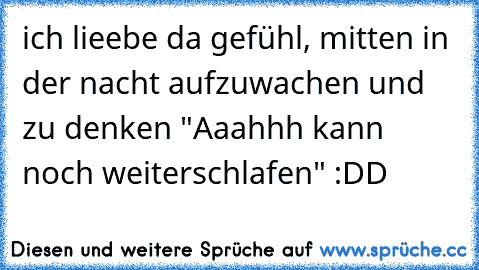 ich lieebe da gefühl, mitten in der nacht aufzuwachen und zu denken "Aaahhh kann noch weiterschlafen" :DD