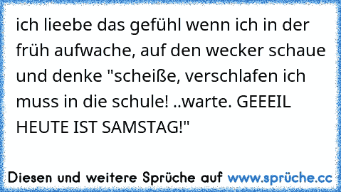 ich lieebe das gefühl wenn ich in der früh aufwache, auf den wecker schaue und denke "scheiße, verschlafen ich muss in die schule! ..warte. GEEEIL HEUTE IST SAMSTAG!"