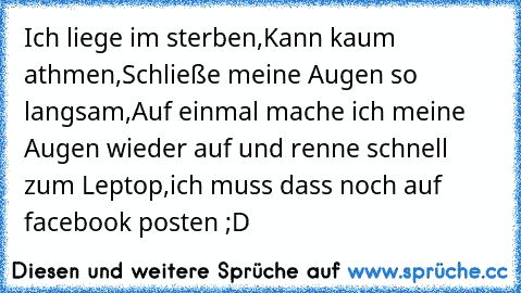 Ich liege im sterben,
Kann kaum athmen,
Schließe meine Augen so langsam,
Auf einmal mache ich meine Augen wieder auf und renne schnell zum Leptop,ich muss dass noch auf facebook posten ;D