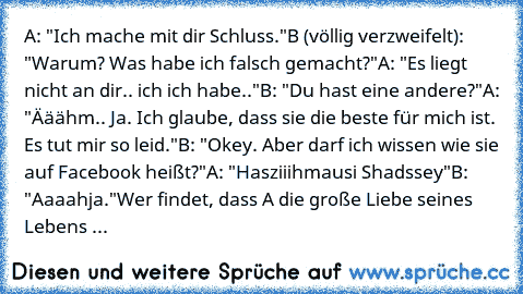 A: "Ich mache mit dir Schluss."
B (völlig verzweifelt): "Warum? Was habe ich falsch gemacht?"
A: "Es liegt nicht an dir.. ich ich habe.."
B: "Du hast eine andere?"
A: "Ääähm.. Ja. Ich glaube, dass sie die beste für mich ist. Es tut mir so leid."
B: "Okey. Aber darf ich wissen wie sie auf Facebook heißt?"
A: "Hasziiihmausi Shadssey"
B: "Aaaahja."
Wer findet, dass A die große Liebe seines Lebens ...