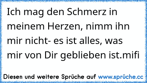 Ich mag den Schmerz in meinem Herzen, nimm ihn mir nicht- es ist alles, was mir von Dir geblieben ist.
mifi