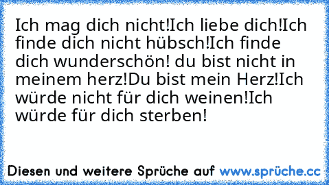 Ich mag dich nicht!
Ich liebe dich!
Ich finde dich nicht hübsch!
Ich finde dich wunderschön! du bist nicht in meinem herz!
Du bist mein Herz!
Ich würde nicht für dich weinen!
Ich würde für dich sterben!