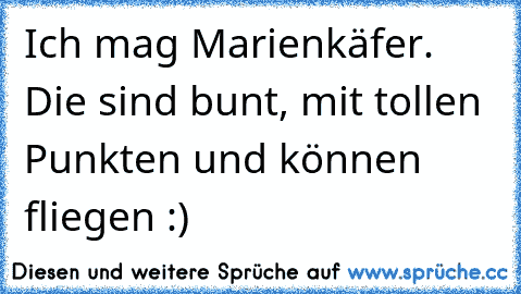 Ich mag Marienkäfer. Die sind bunt, mit tollen Punkten und können fliegen :)