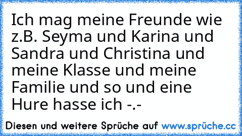 Ich mag meine Freunde wie z.B. Seyma und Karina und Sandra und Christina und meine Klasse und meine Familie und so und eine Hure hasse ich -.-