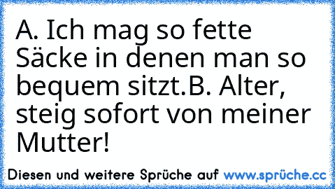 A. Ich mag so fette Säcke in denen man so bequem sitzt.
B. Alter, steig sofort von meiner Mutter!